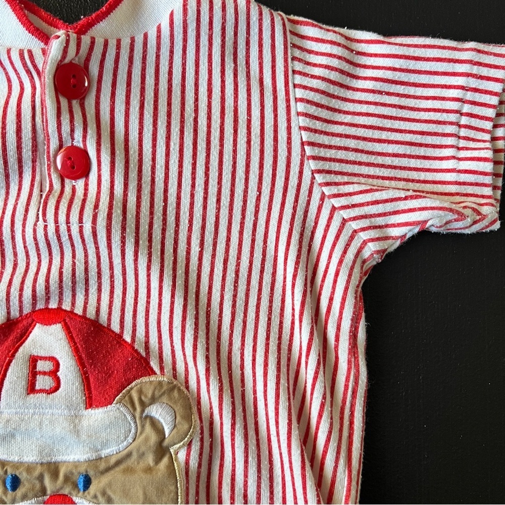 Vintage Pride N Joy Striped Bear Baseball Red White Baby Onesie Size 18 Months - Picture 3 of 8